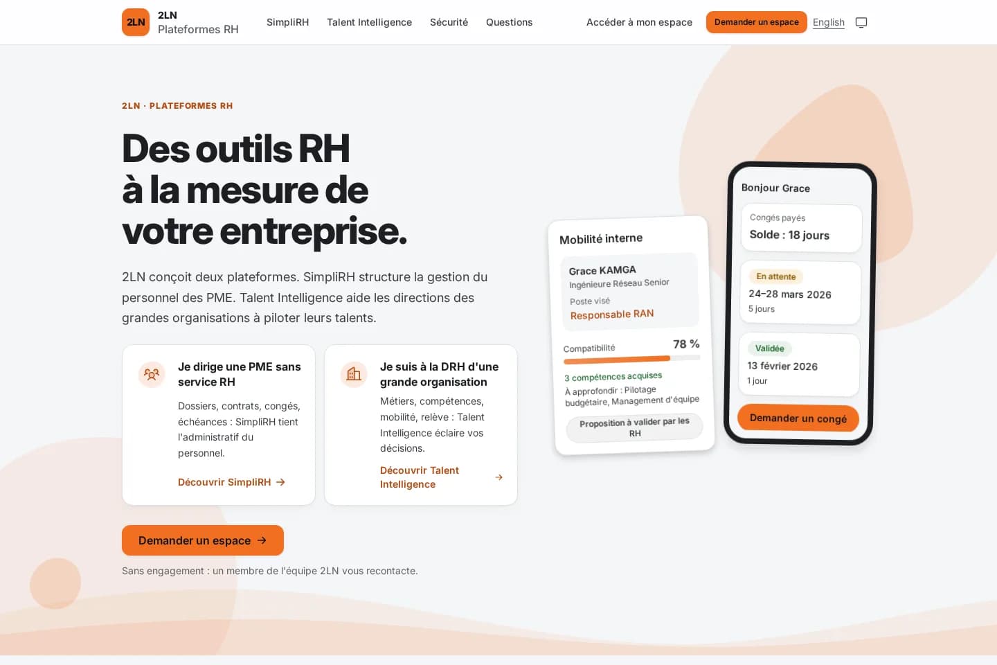 2LN RH home page: “HR tools tailored to your company”, two paths for SMEs and large organisations, an internal-mobility card and an employee screen showing a leave balance on a phone