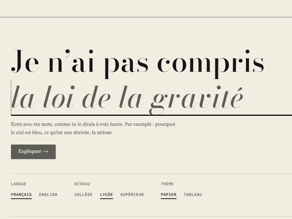 Page d’accueil d’Eureka Motion : la phrase à compléter « Je n’ai pas compris la loi de la gravité », le bouton Expliquer et les choix de langue, de niveau et de thème